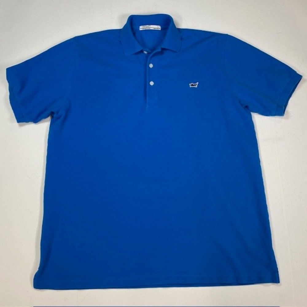 Criquet Mens Blue Organic Cotton Polo Shirt Short Sleeve Logo Size L Made in USA